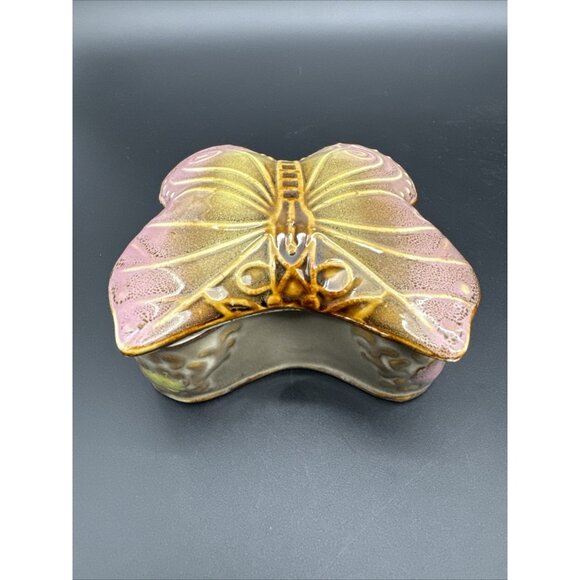 Vintage Glazed Ceramic Butterfly Pink Trinket Dish Stash Box - Picture 7 of 15